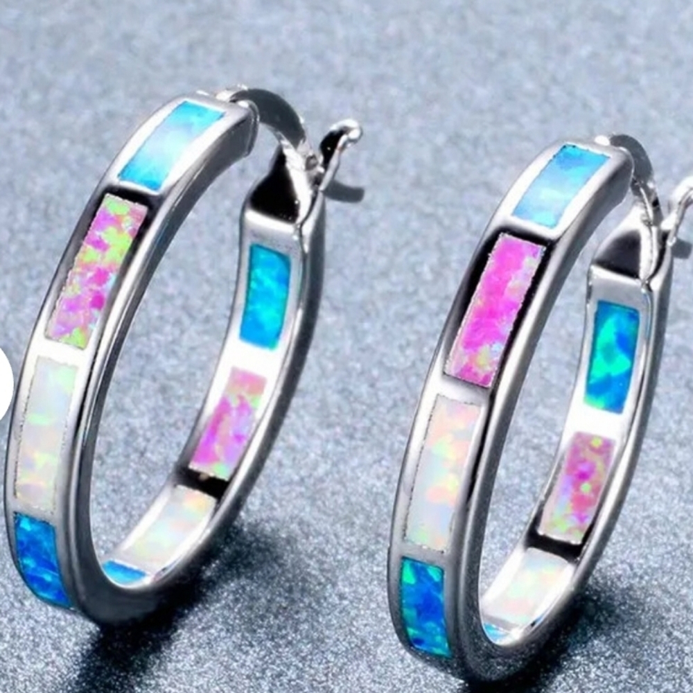 Multi Colored Simulated Opal Hoop Earring With Si… - image 3
